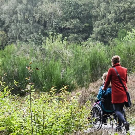 Foto: man in rolstoel met een mevrouw die duwt, in de natuur van de Weerribben-Wieden